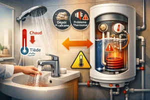 Chauffe-eau domestique relié à une douche produisant une eau tiède dans un logement