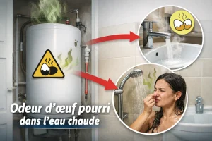 Ballon d’eau chaude dans un logement avec schéma montrant une odeur de soufre provenant de l’eau chaude